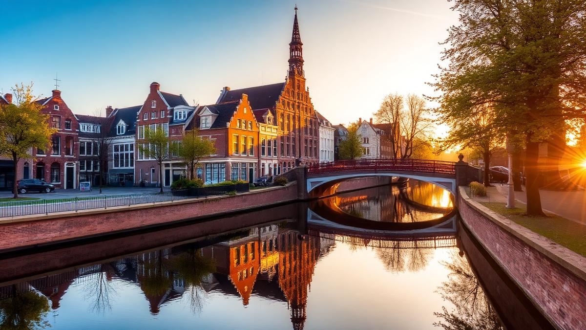Golden hour reflections along a canal in Utrecht with historic buildings and a bridge