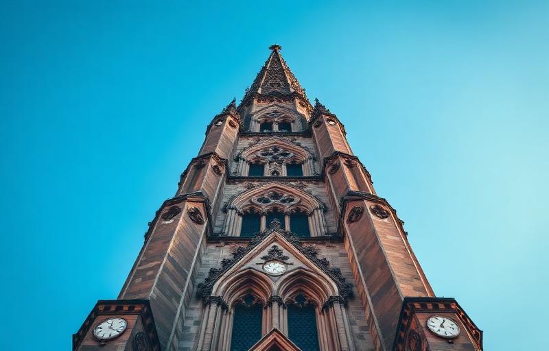 Close-up view of the Gothic Dom Tower in Utrecht against a blue sky