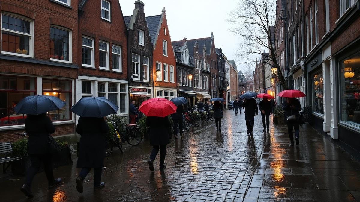 People with umbrellas walking through rainy streets of Utrecht