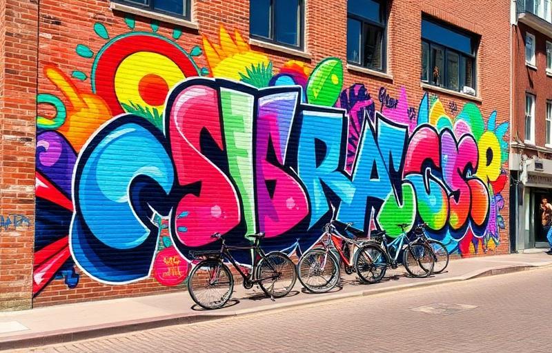 Colourful large-scale wall mural on a building in Utrecht with bicycles parked in front